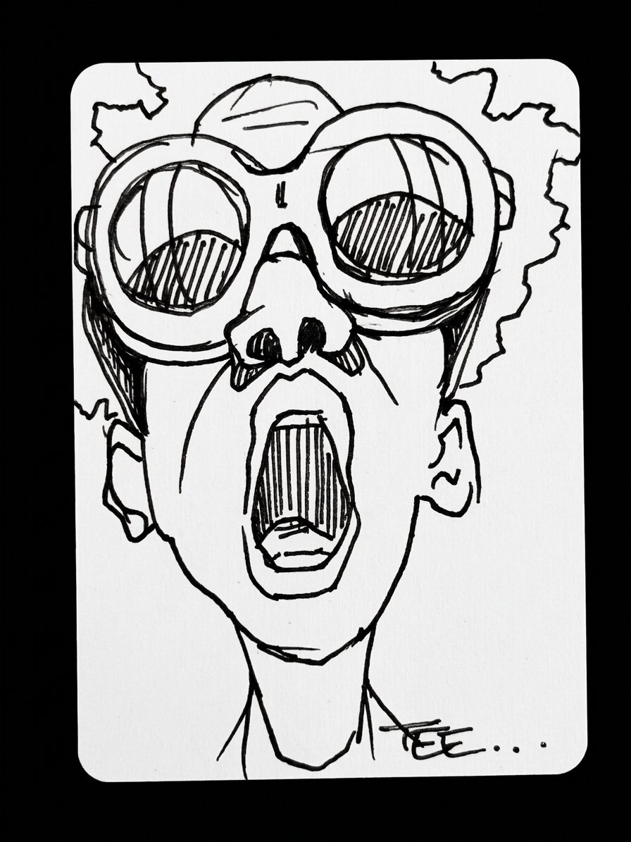 Original sticky-note-sized ink drawing by Tee, Day 1, titled Whaatt.